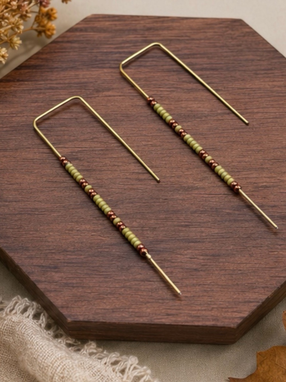 Gold Threader Earrings with Olive Green Beads